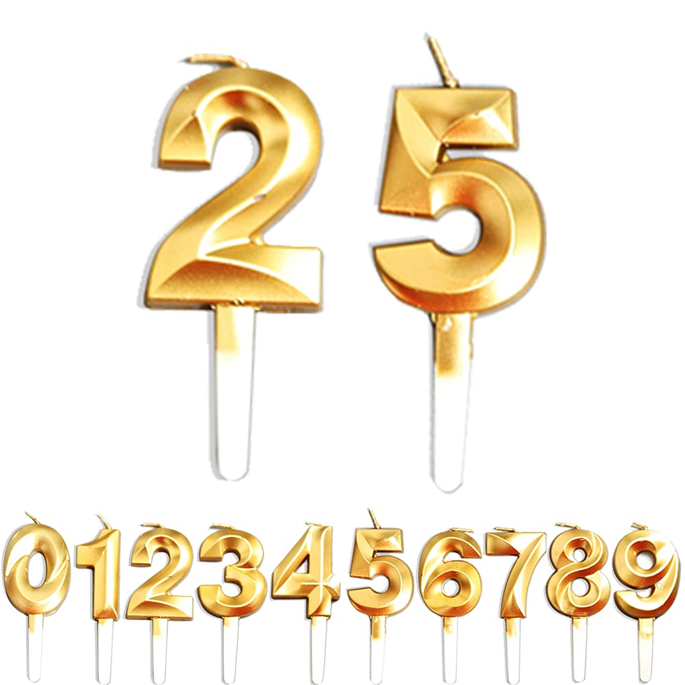 Birthday Candles, 25th/52th/2th/5th Birthday Cake Candles, Cake Decoration for Birthday Party Wedding Anniversary Graduation Party Supplies (Gold, Number 2&5)