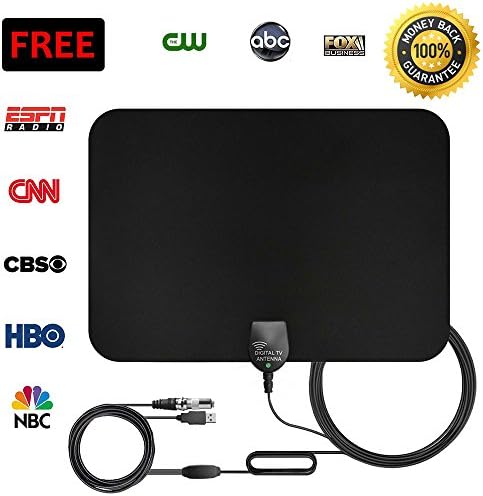 HDTV Antenna,Indoor Amplified TV Antenna,50 Miles Range with Detachable Amplifier Signal Booster,USB charger,USB charger,16 Feet Coaxial Cable,Black