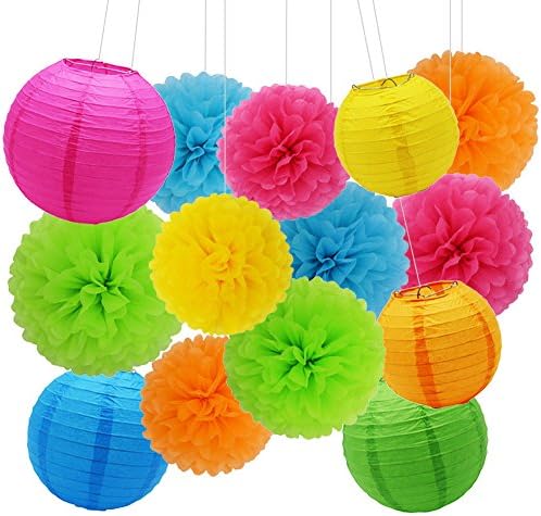 SOOKOO 20Pcs 14 Inch, 12 Inch, 10 Inch Assorted Rainbow Color Paper Pom Poms and 10 Inch, 8 Inch, 6 Inch Paper Lanterns for Birthday Wedding Party Baby Shower Decorations