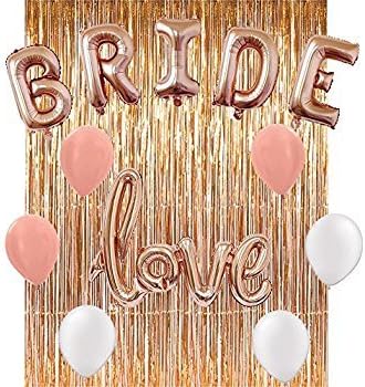 Bachelorette Party Decorations and Supplies Favor Kit | Rose Gold Bride and Love Balloon, 3 White 3 Rose Gold Latex Balloons w/Complete Rose Gold Hangover Veil Curtain - by Realm Essentials