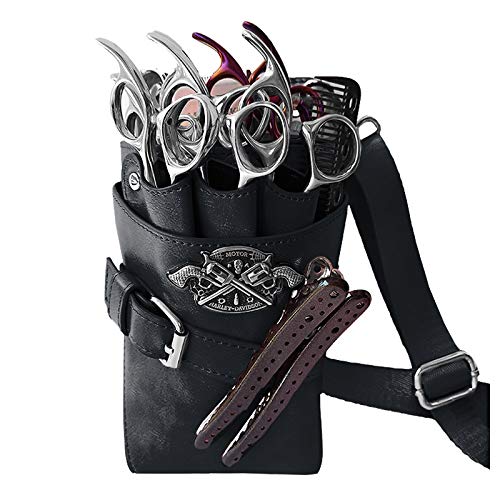 WINGOFFLY Hair Scissor Holster Pouch with Waist Shoulder Belt for Hairdressers Barber PU Leather Shears Hairdressing Tool Case Bag Holder Black