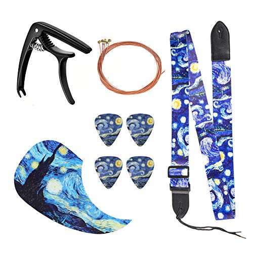 LIZIMANDU 8PCS Guitar Accessories Kit Including Guitar Strap,Guitar Picks,Capo,Acoustic Guitar Strings,Guitar Pickguard for acoustic electric guitar player (8-Starry Sky)