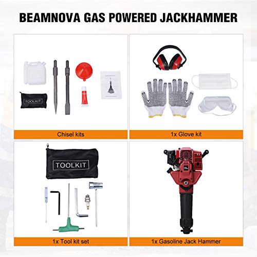 BEAMNOVA Demolition Hammer Gas Powered Demolition Drill Jack Hammer Hand-held Rock Drill with Point and Flat Chisel, Punch Single Cylinder, Gloves, Air Cooling