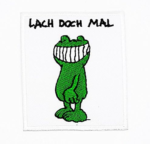 Green frog cute Lach Doch Mal cartoon kids patch Ideal for adorning your jeans, hats, bags, jackets and shirts.