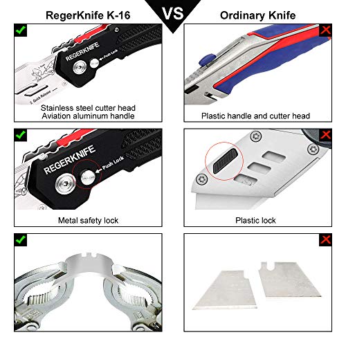 Box Cutters Utility Knives 2Pack, RegerKnife Carpet Razor Knife Heavy Duty with Belt Clip, Lock Back Design, Quick Change Blades, Extra 5 Blades for Cutting Cardboard, Leather, Aluminum, PVC Sheet