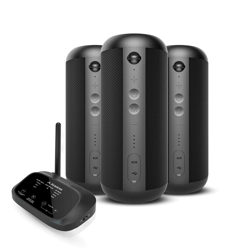 Avantree Harmony 2 - Multi-Room Wireless Speaker System with Bluetooth & Wired Inputs, Set of 3 Speakers with Independent Use, Scalable up to 100, Low Latency Sync for Home, Outdoor, Church & Events