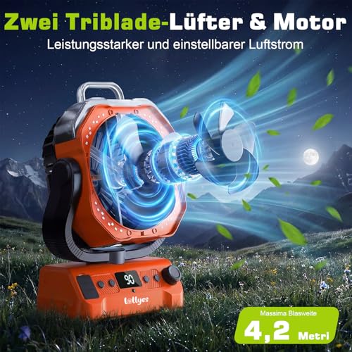lollyes 20000 mAh Camping Fan Battery with Light, 0-100 Levels Adjustable Outdoor Fan with Spray Function and Remote Control, Quiet Table Fan with Timer, 360° Hook for Tent Fishing