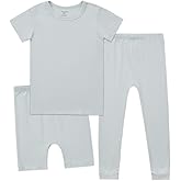Aablexema Kids Pajamas Set Rayon, 3Pcs Unisex Toddler Short Shirt and Pants Set Snug Fit Sleepwear Pjs 1-6 Years