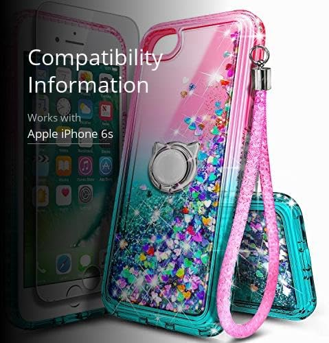 NGB Designed for iPhone SE (3rd 2022 & 2nd Gen 2020)/iPhone 8/7/6/6S Case, Pink/Aqua | Glitter Liquid Cute Cover for Women Girls Kids | with Tempered Glass Screen Protector & Ring Holder-Wrist Strap