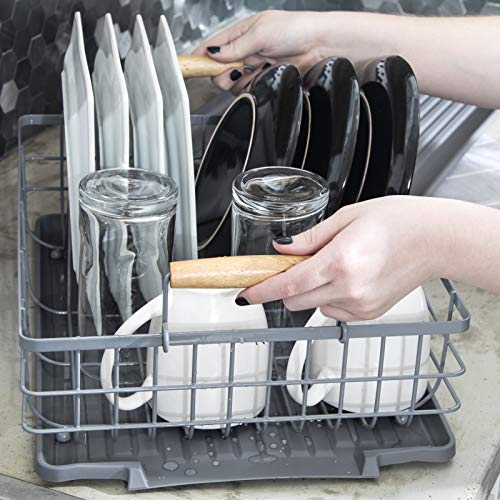 Dish Drying Rack with Wooden Handles (16.5 x 12.5 x 5 Inches) Includes Removable Utensil Tray, 1 Drain Board, 1 Drip Tray - Large Dish Drainers for Kitchen Counter
