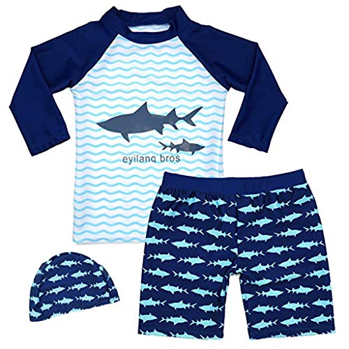 3Piece Toddler Baby Boy Swimwear Sets,Rash Guard Shark Pattern Swimsuit 1-9Y, Long Sleeve Bathing Suits Short Pant Hat - Thumbnail 2