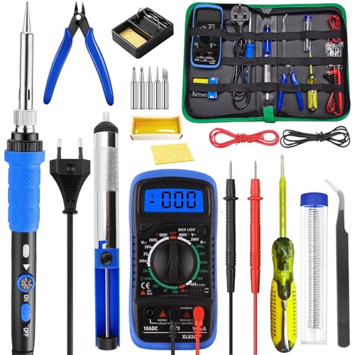 Soldering Iron Kit 80W Adjustable Temperature With Welding Tool, Digital Multimeter, Desoldering Pump,Electric pen,Soldering Iron Tips,Wire Stripper Cutter,Tweezers, Iron Stand, Electronic Wire