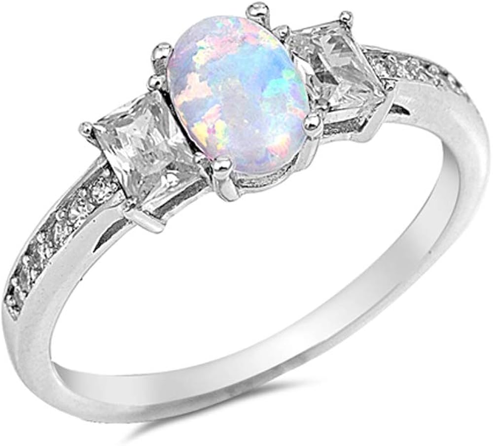 .925 Sterling Silver Oval Lab Created Opal Princess Cubic Zirconia 3