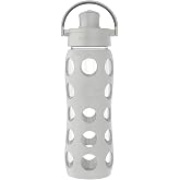 Lifefactory 22oz Glass Water Bottle with Active Cap, Stone Gray | Protective Silicone Sleeve, Spout Cap, Carry Handle, BPA Free, Reusable, Dishwasher Safe
