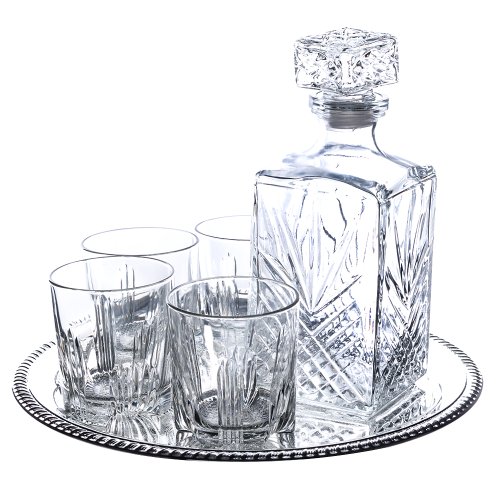 Klikel Selecta 7-piece Whiskey Drinkware Barware Drink Set With 5 Double Old Fashioned Glasses, Silver-plated Round Mirror Tray And Star Design Square Decanter