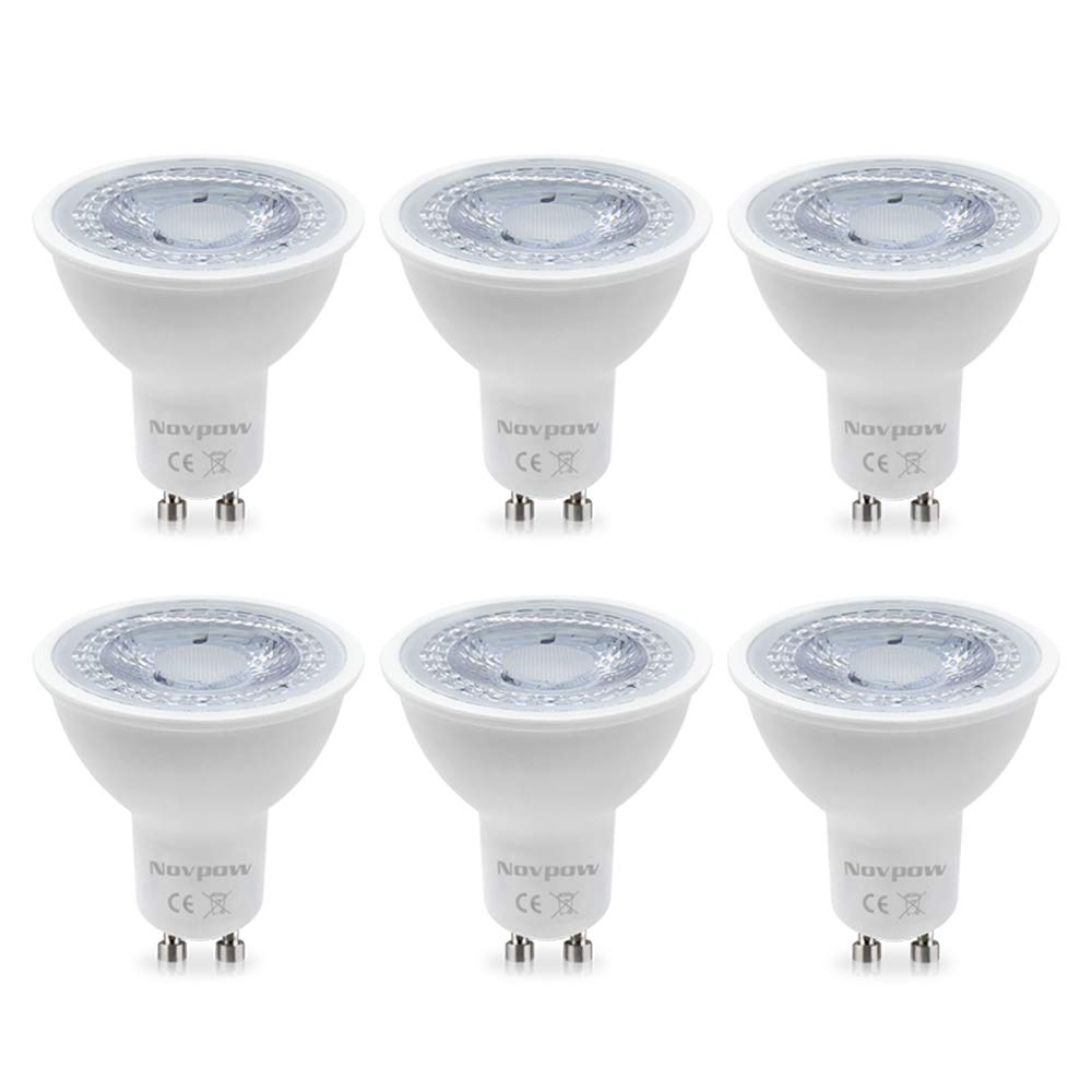 Novpow GU10 LED Light Bulbs, 6W 450LM Cool White 6000K Track Spotlight Bulb AC 220-240V Equivalent for 50W Halogen Lamp 38° Beam Angle 6 Packs No Dimmable Energy Class A+ [Energy Class A+]