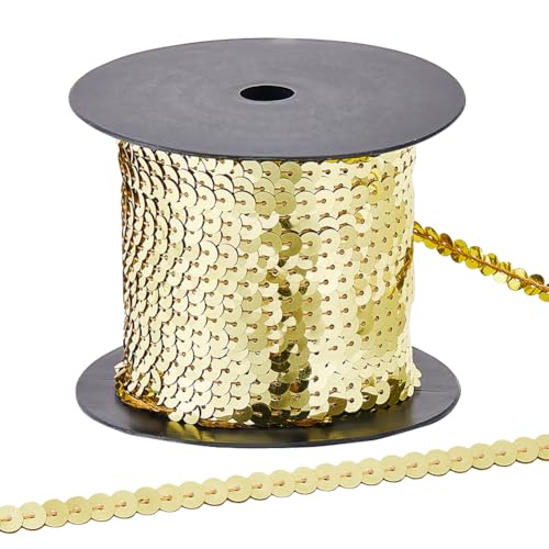CABODYALS 91.44M 6mm Gold Sequin Trimming Paillette Sequins Ribbon String Roll Flat Round Glitter Strip with Spool Shiny Tape Lace Ribbons for Sewing Making Clothes Party Home Bags Decor DIY Craft