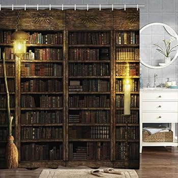 BLEUM CADE Vintage Bookshelf Shower Curtain Art Painting Bathroom Shower Curtain Durable Waterproof Shower Curtain with 12 Hooks