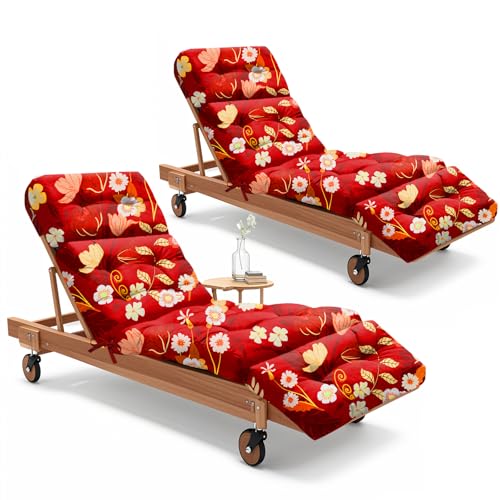 Photo 1 of 2 Pack Outdoor Chaise Lounge Chair Cushion 75.1 x 22.8 x 4.7 Inches 100% Waterproof Replacement Cotton Patio Pool Lounge Chair Cushion for Outdoor Furniture with Ties, Red Peony