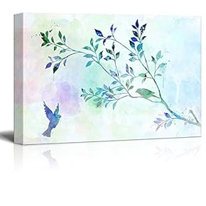 Light Blue Watercolor Style Painting with Birds and Tree Branches