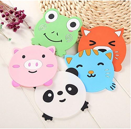 Farm Animal Panda Cat Pig Frog Fox Set of 5 Silicone Rubber Coaster for Wine Glass Tea Best Housewarming Beverage Drink Beer Home House Kitchen Decor Wedding Registry Gift Idea Table Cup Placemat