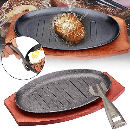 YAHUA LI 12 in Sizes Cast Iron Steak Fajita Sizzling Platter Plate BBQ Grill Pan Cooking Wooden Holder，Rugged and Resistant to Deformation
