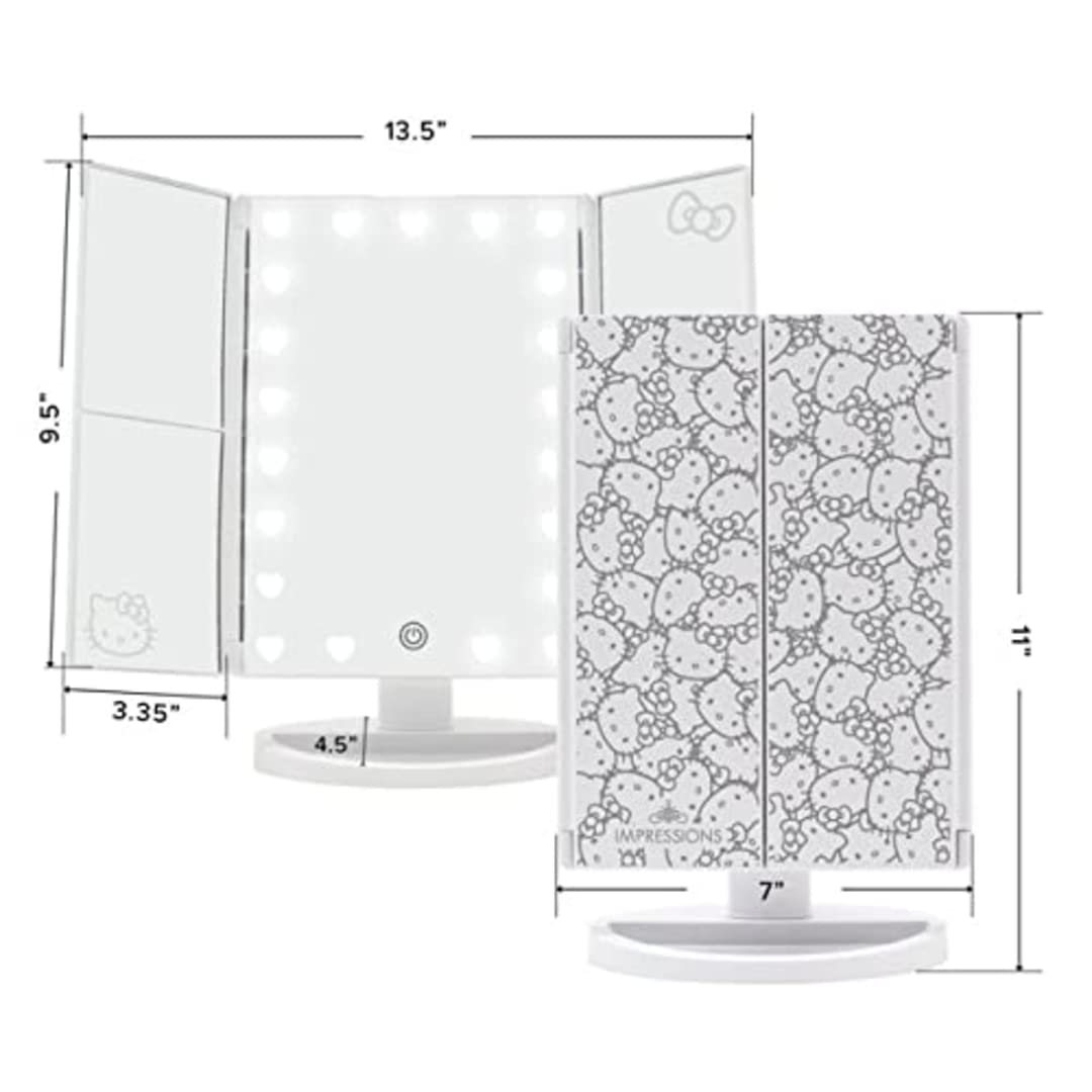 Impressions Vanity Hello Kitty Trifold LED Mirror, Desk Mirror with Lights and Touch Sensor Switch, Lighted Makeup Mirror with 2X and 3X Magnifying (White)