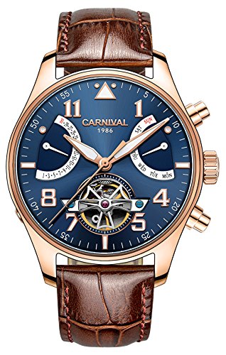 Men's Aviator Series Automatic Self Wind Mechanical Watch Luminous Steel Case Calfskin Band Analog Watch (Brown Band-Rose Gold Bezel-Blue Dial)