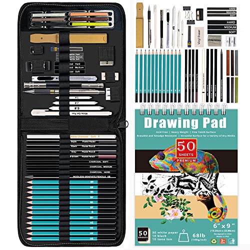 KALOUR 50Pack Sketch Drawing Pencils Kit with 3Color Sketchbook