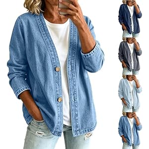 Denim Jacket Women,Denim Cardigan For Women Lightweight Button Down V Neck | Classic Denim Jacket Women V Neck Jean Jackets C