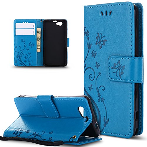 Sony Xperia Z1 Compact Case,Sony Xperia Z1 Compact Cover,ikasus Embossing Butterfly Flower PU Leather Fold Flip Wallet Case & Card Slots Stand Protective Case Cover for Sony Xperia Z1 Compact,Blue