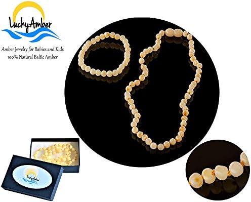 Baltic Amber Baby Teething Necklace and Bracelet / Anklet Gift Set - Hand crafted, Lab-Tested, Authentic - Pain, discomfort, fussiness, drooling relief (6-inch Anklet Set, Milky Baroque)