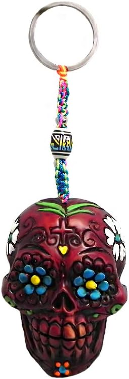 Day of the Dead Sugar Skull 3D Figurine Keychain Multicolored Macramé Metal Ring Handmade Gift Boho Car Bag Accessories
