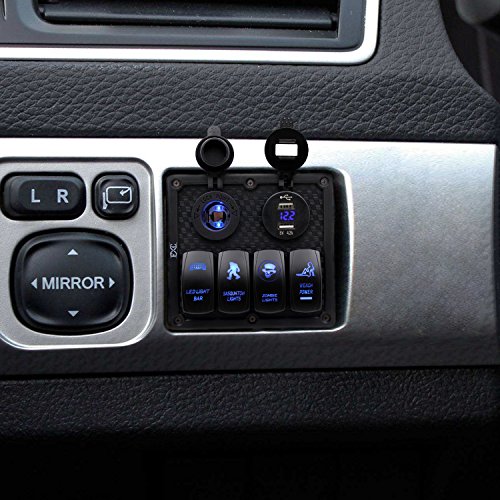 FXC Waterproof Marine Boat Rocker Switch Panel 4 Gang with 4.2A Dual USB Slot Socket + Digital Voltage Display + Cigarette Lighter LED Light for Car Rv Vehicles Truck