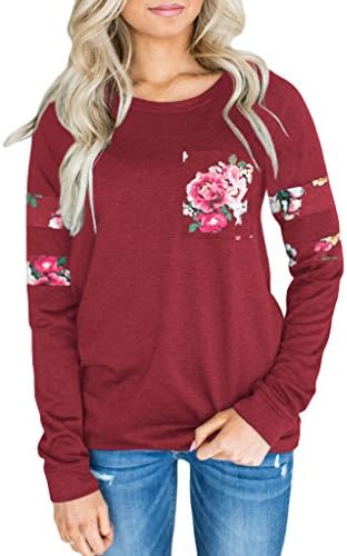 Ladylala Womens Casual Floral Print Long Sleeve Tunic Loose Crewneck Fashion Sweatshirt Blouse Tops by Wine Red M