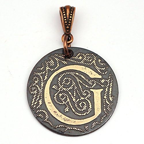 Etched copper letter G pendant, round flat metal 28mm