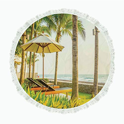 90" Round Polyester Linen Tablecloth,Seaside,Palm Trees Umbrella and Chairs Around Swimming Pool in Hotel Resort Image,Yellow Green and Tan,for Dinner Kitchen Home Decor