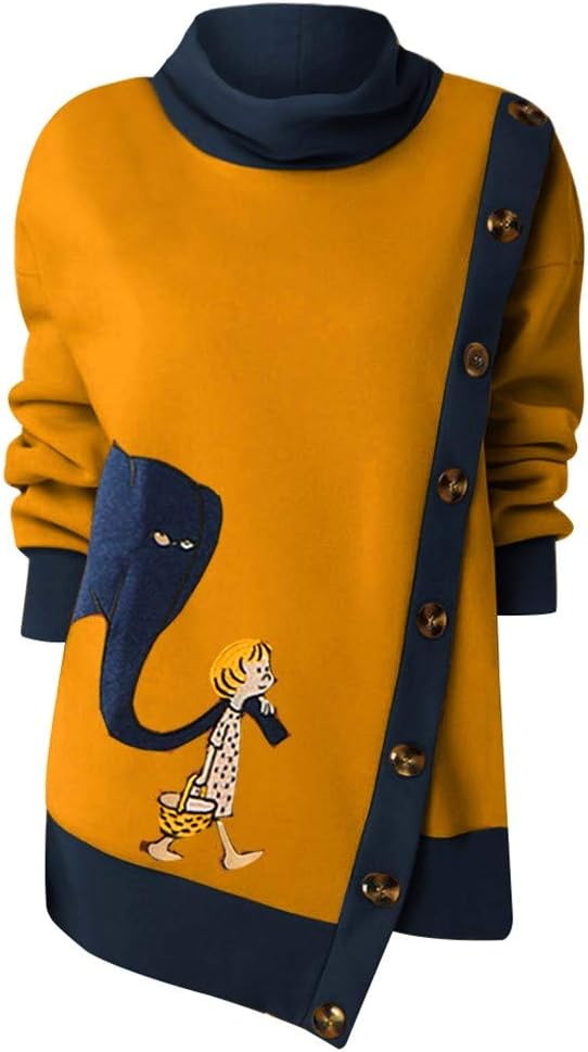 iHAZA Women Tops Plus Size Button Splice Irregular Crewneck Loose Sweatshirt Shirt Pullover