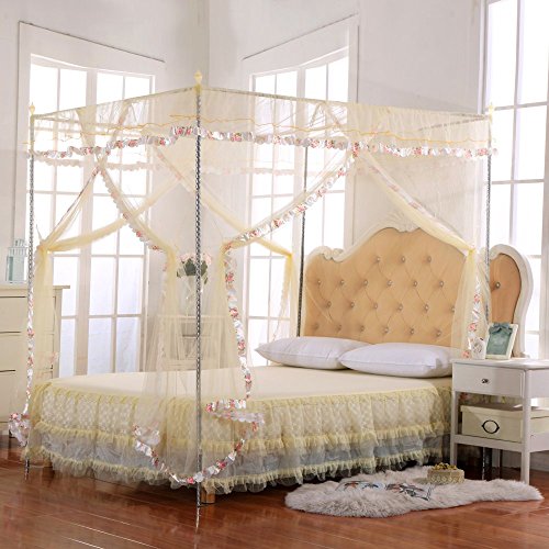 JQWUPUP Luxury Mosquito Net Bed Canopy by 4 Corner Poster Princess Lace Netting Bedding For Girls, Toddlers & Adults - Bedroom Decor Block Insects (King Size, Beige)