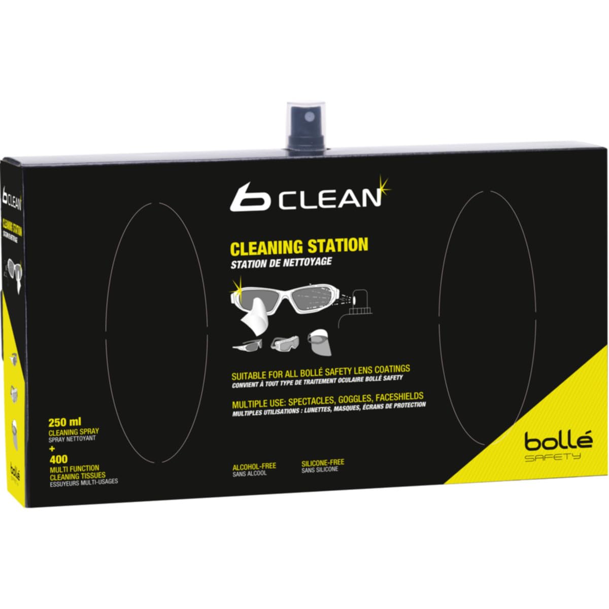 Bolle B410 Cleaning Station Includes 400 Lens Cleaning Tissues and Lens Cleaner Anti Static Anti Fog Safe for All Lens Types Ideal for Safety Glasses Goggles and Eyewear