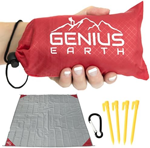 Genius Earth Pocket Blanket/Inflatable Pillow Set. Great for Picnic Time, Beach, Travel, Camping, Hiking, Backpacking, Outdoor. Large 55"x 60" Lightweight, Compact and Packable Pouch with 4 Stakes