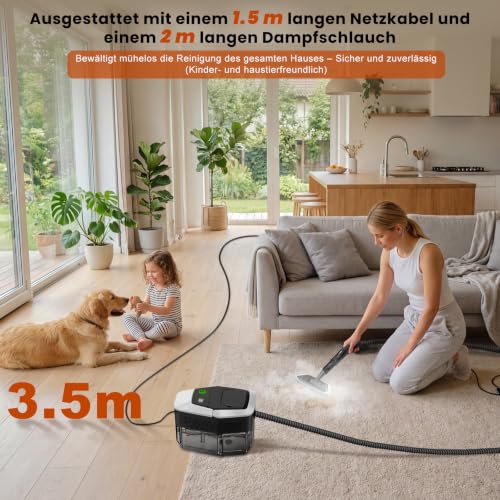 GalhanEhe 14 in 1 Household Cleaning Steamer, 3 Levels Adjustable Handle, Temperature Display, 15s in Heating, 1.8L Reservoir, for Kitchen, Bathroom, Car and Furniture (White and Black)