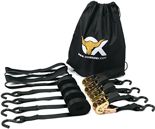 Ratchet Strap Tie Down Set (4 pack) + 4 Free Webbing Loops &amp; Drawstring Bag | The 15 ft Black OxStrap by OxBound