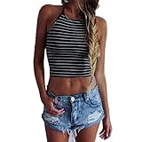 Perman Sexy Stripe Print Sleeveless Halterneck Tank Crop Tops Vest Blouse Shirt