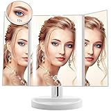 Terresa Led Lighted Makeup Mirror with 10X Magnifying Small Mirror - Touch Screen and Dual Power Supply - Adjustable Stand Desk Trifold Vanity Mirror with Lights