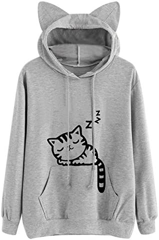 Cats Hoody Linqi1164 Women Long Sleeve Lovely Animals Print Pockets Shirts with Kangaroo Pockets Sweatshirt Hoodie Jumper Tops Blouse for Teens Girls