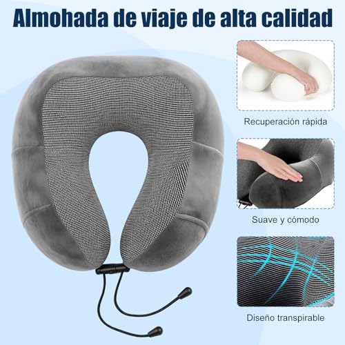 Almohada de Viaje, Almohada de Cuello Viscoelástica de Espuma de Memoria, Funda de Almohada Extraíble y Transpirable,con Máscara para Los Ojos, Tapones Para Los Oídos, Bolsa de Almacenamiento