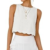 IDEALSANXUN Womens High Neck Linen Tank Tops Spring Summer Scallop Hem Cropped Sleeveless Shirts Blouses