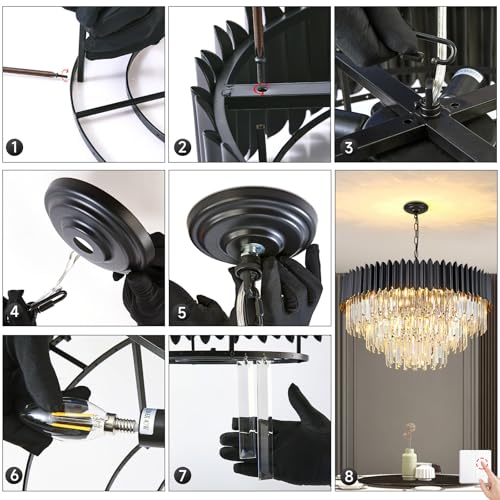 KUNYEEE Modern Luxury Crystal Pendant Light, Black Crystal Chandelier, 15xE14 Drop Chandelier Light Recessed Ceiling Light for Dining Room, Φ80cm