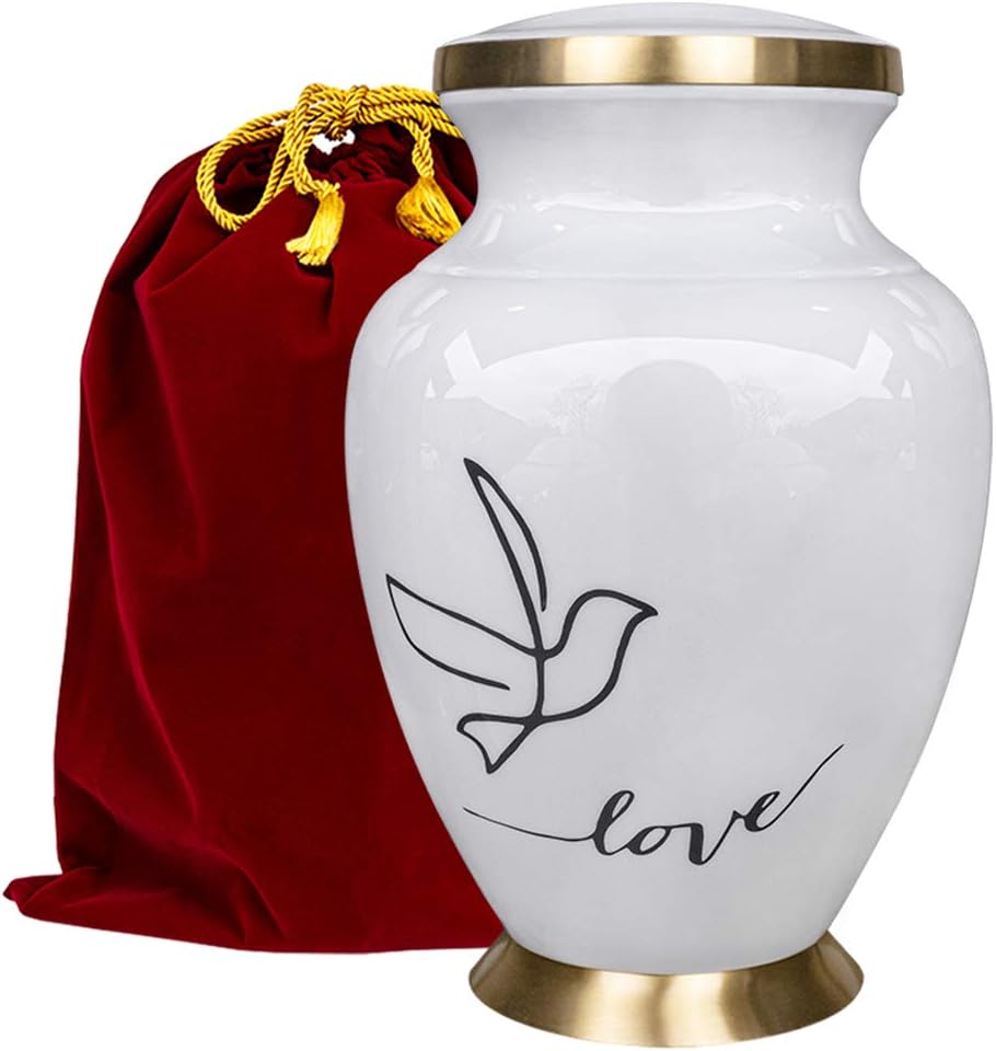 Modern Love White Large Adult Urn for Human Ashes - A Simple Elegant and Minimalistic Resting Place for Your Loved One - With Velvet Bag